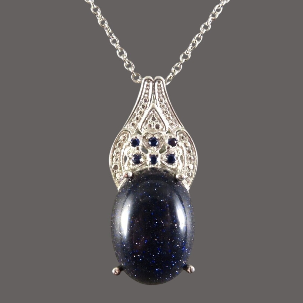 STERLING SILVER 20" Chain Necklace KARIS BLUE OVAL SUNSTONE & SAPPHIRE PENDANT